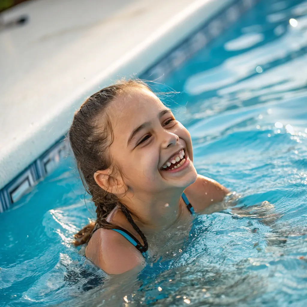 Young girl smiling in a swimming pool